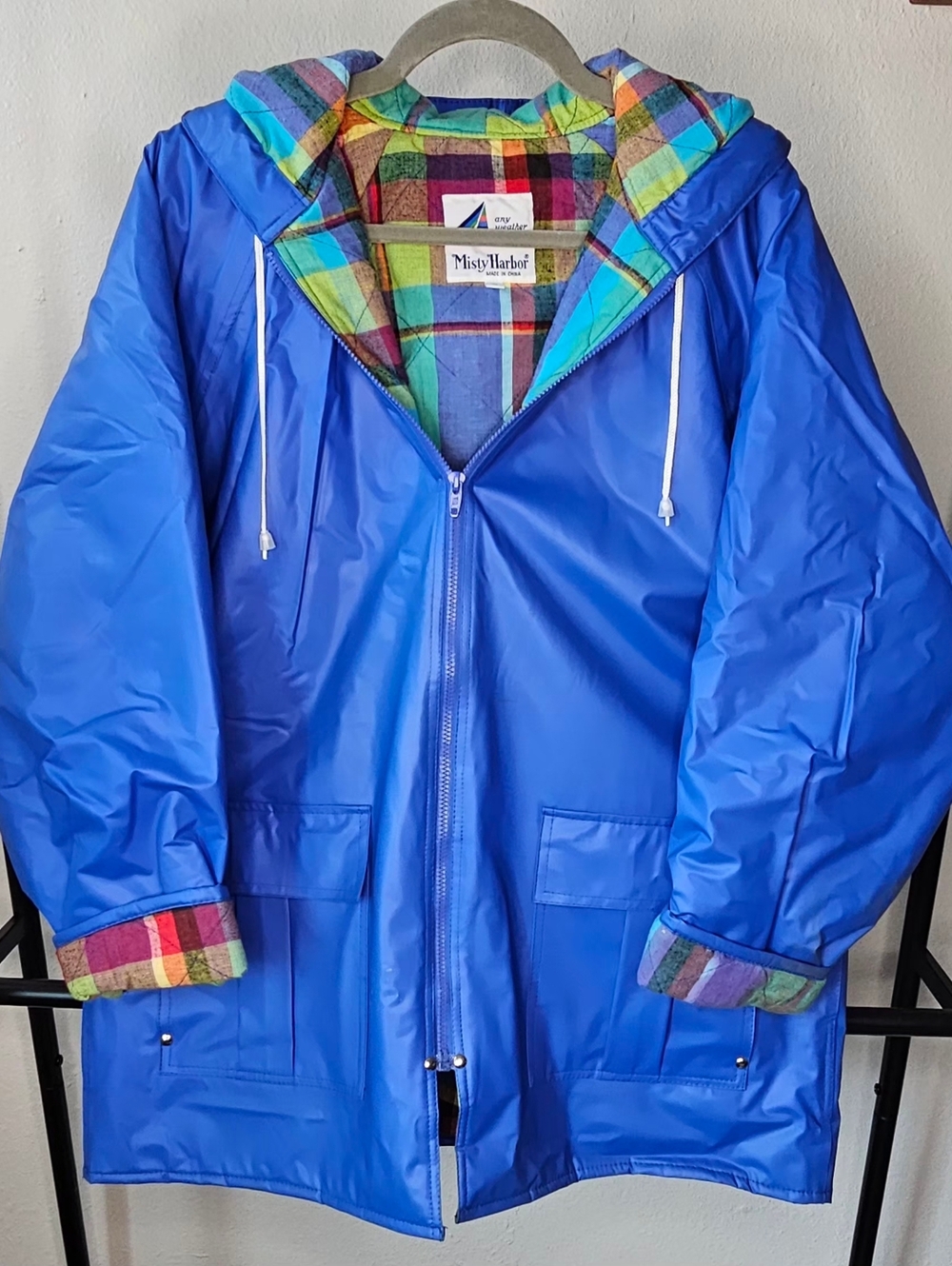 Vintage Misty Harbor Bright Blue Raincoat with Plaid Lining Size L